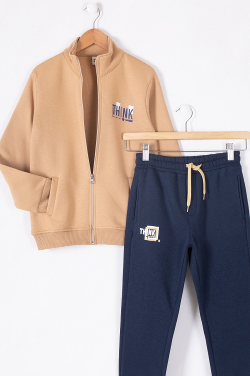 Taba Yazı Baskılı Hırkalı Erkek Çocuk Şardonlu Eşofman Takımı 19626