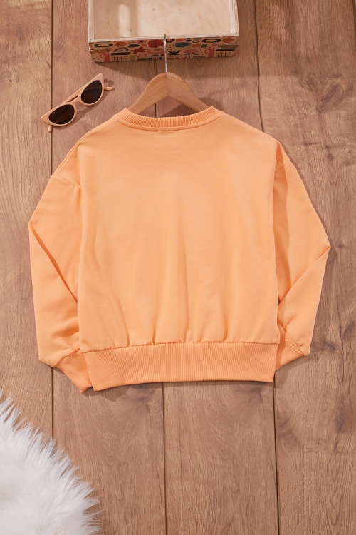 Turuncu Çiçek Nakışlı Bisiklet Yaka Kız Çocuk Sweatshirt 19653