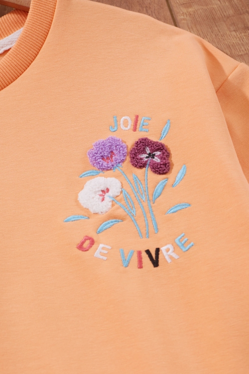 Turuncu Çiçek Nakışlı Bisiklet Yaka Kız Çocuk Sweatshirt 19653