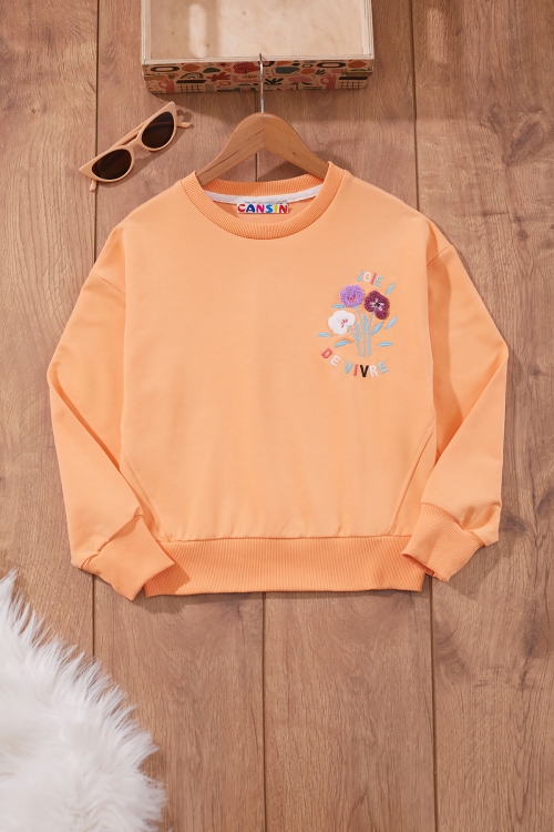 Turuncu Çiçek Nakışlı Bisiklet Yaka Kız Çocuk Sweatshirt 19653