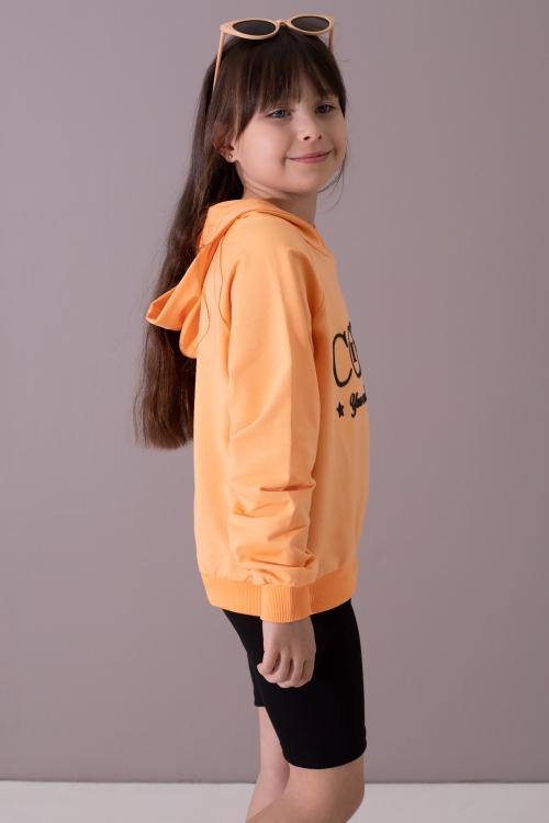 Turuncu Kabartmalı Cool Yazılı Kapüşonlu Kız Çocuk Sweatshirt 19696