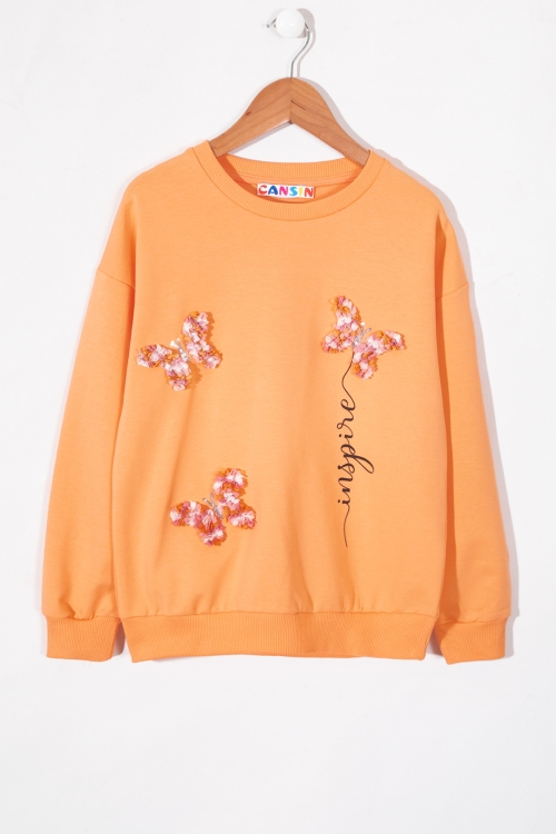 Turuncu Kelebek İşlemeli Bisiklet Yaka Kız Çocuk Sweatshirt 19656