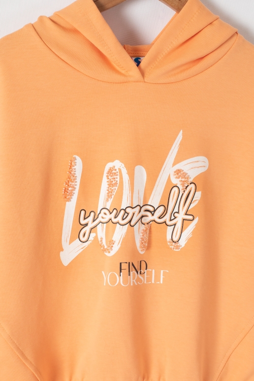 Turuncu Love Yazılı Kapüşonlu Kız Çocuk Sweatshirt 19643