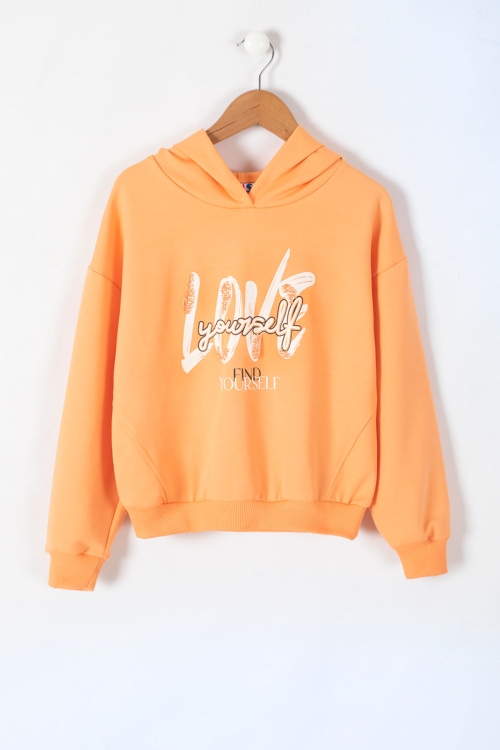 Turuncu Love Yazılı Kapüşonlu Kız Çocuk Sweatshirt 19643