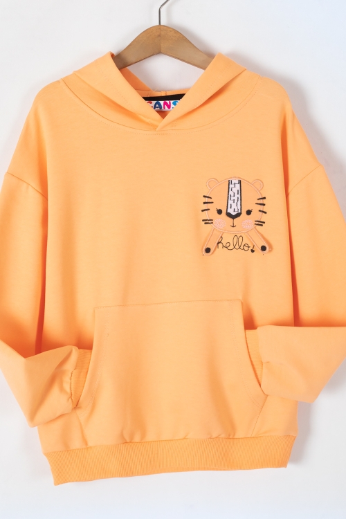 Turuncu Nakışlı Kanguru Cepli Kız Çocuk Kapüşonlu Sweatshirt 19658