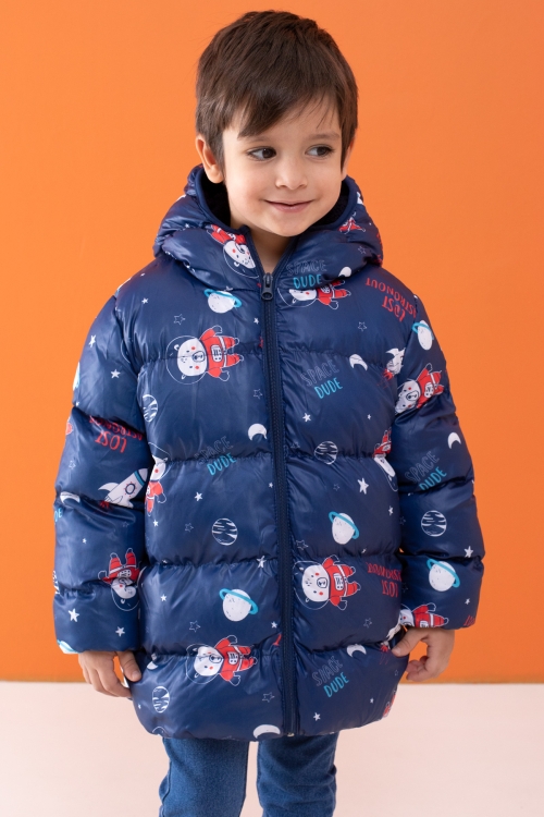 Uzay Temalı Erkek Çocuk Kapüşonlu Şişme Mont 1-5 Yaş 19491