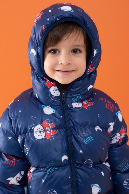 Uzay Temalı Erkek Çocuk Kapüşonlu Şişme Mont 1-5 Yaş 19491