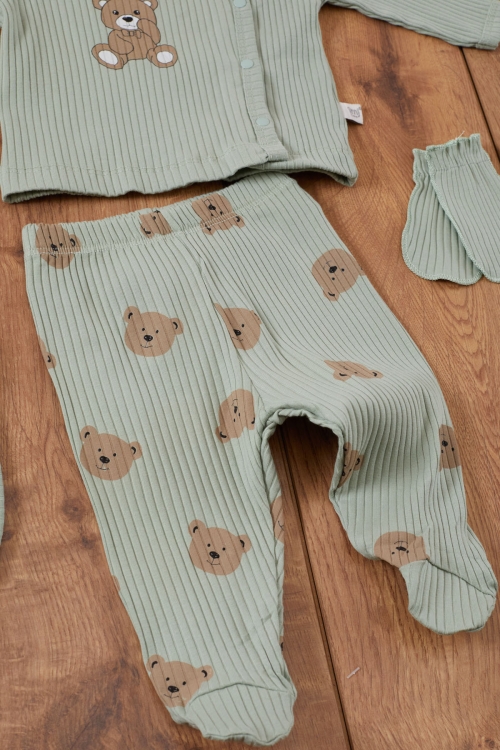 Yeşil Ayıcık Baskılı Önlüklü Erkek Bebek 5li Hastane Çıkışı 19464