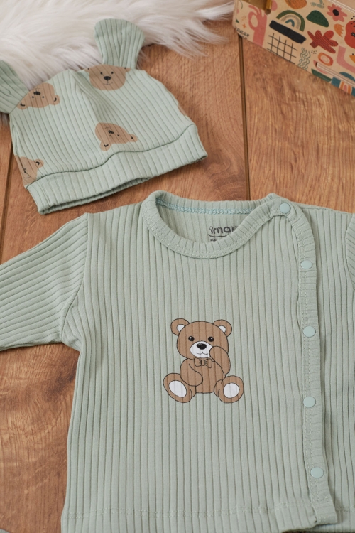 Yeşil Ayıcık Baskılı Önlüklü Erkek Bebek 5li Hastane Çıkışı 19464