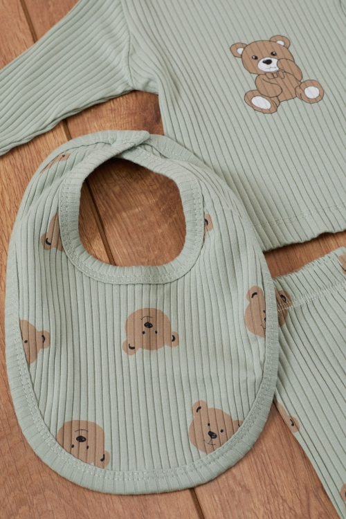 Yeşil Ayıcık Baskılı Önlüklü Erkek Bebek 5li Hastane Çıkışı 19464