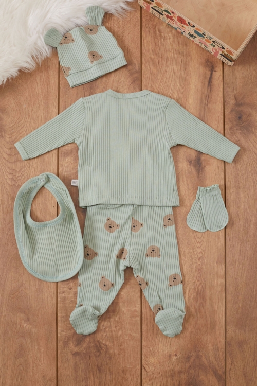 Yeşil Ayıcık Baskılı Önlüklü Erkek Bebek 5li Hastane Çıkışı 19464