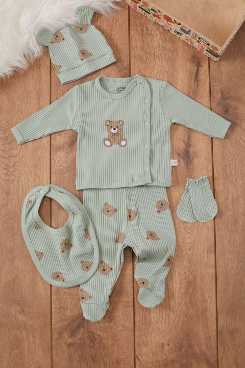 Yeşil Ayıcık Baskılı Önlüklü Erkek Bebek 5li Hastane Çıkışı 19464