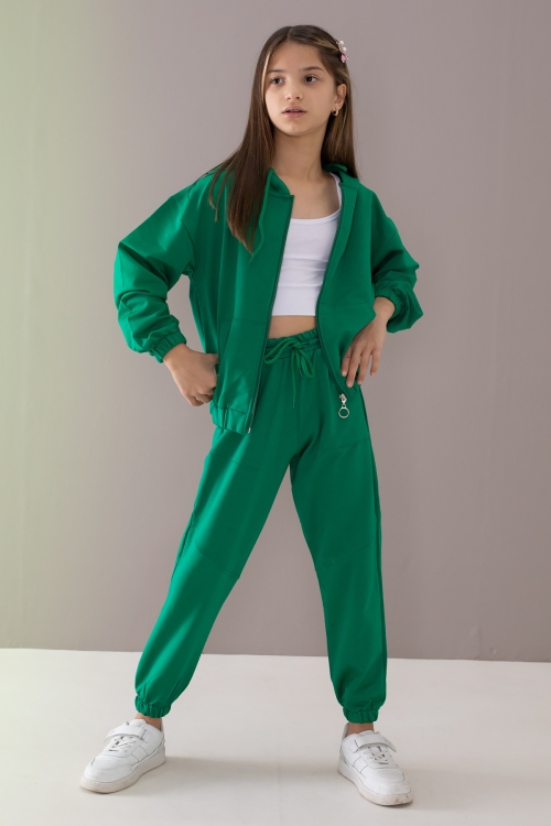 Yeşil Basic Kapüşonlu Hırkalı Kız Çocuk Eşofman Takımı 19765