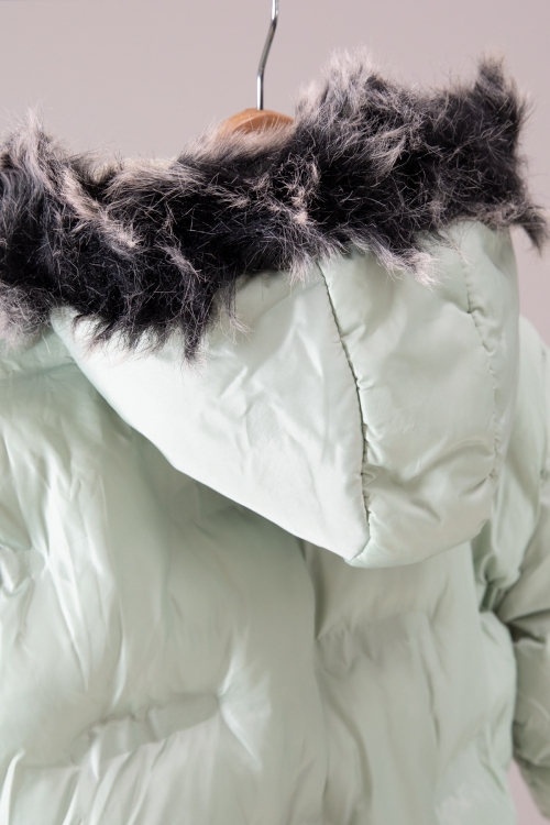 Yeşil Baskı Desenli Fermuarlı Cepli İçi Kürklü Kız Çocuk Kapüşonlu Mont 19889