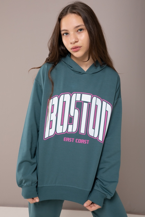 Yeşil Boston Yazılı Kapüşonlu Kız Çocuk Eşofman Takımı 19827