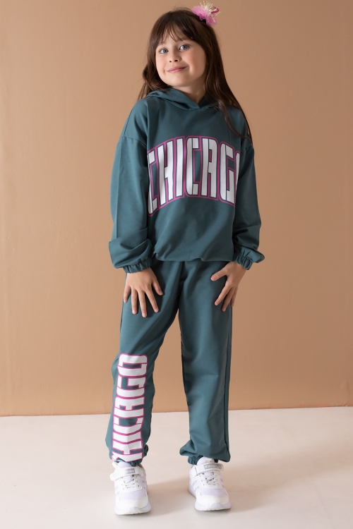 Yeşil Chicago Yazılı Kapüşonlu Kız Çocuk Eşofman Takımı 19576