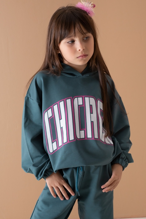 Yeşil Chicago Yazılı Kapüşonlu Kız Çocuk Eşofman Takımı 19576