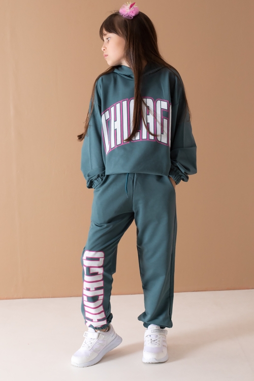 Yeşil Chicago Yazılı Kapüşonlu Kız Çocuk Eşofman Takımı 19576