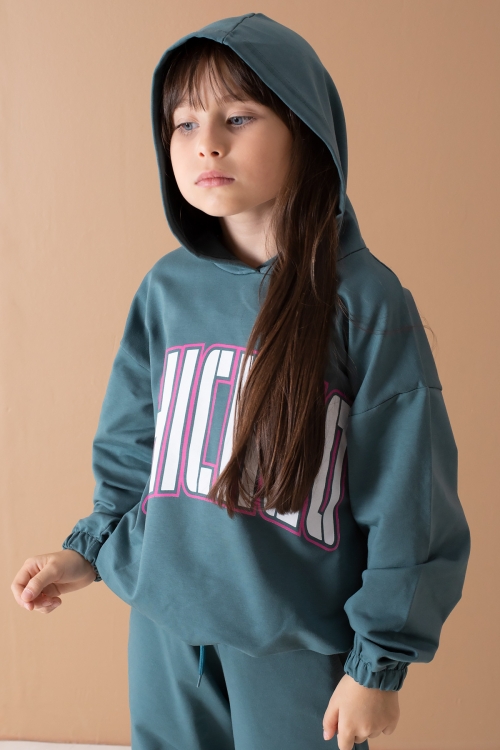 Yeşil Chicago Yazılı Kapüşonlu Kız Çocuk Eşofman Takımı 19576