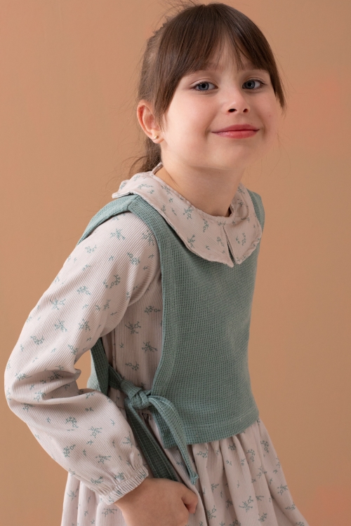 Yeşil Çiçek Desenli Süveterli Uzun Kol Kız Çocuk Elbise 19544