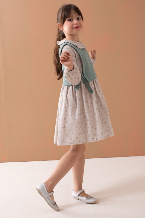 Yeşil Çiçek Desenli Süveterli Uzun Kol Kız Çocuk Elbise 19544