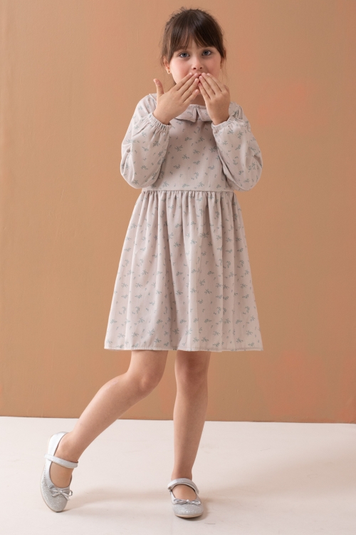 Yeşil Çiçek Desenli Süveterli Uzun Kol Kız Çocuk Elbise 19544