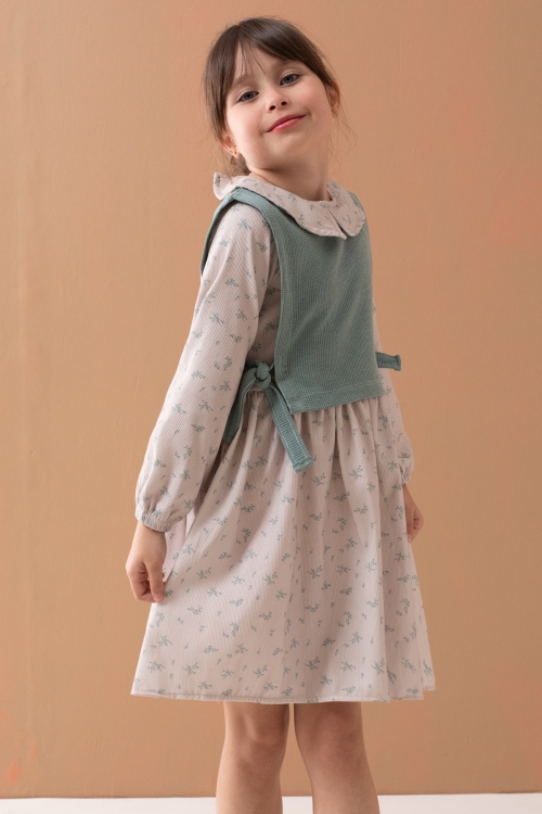 Yeşil Çiçek Desenli Süveterli Uzun Kol Kız Çocuk Elbise 19544