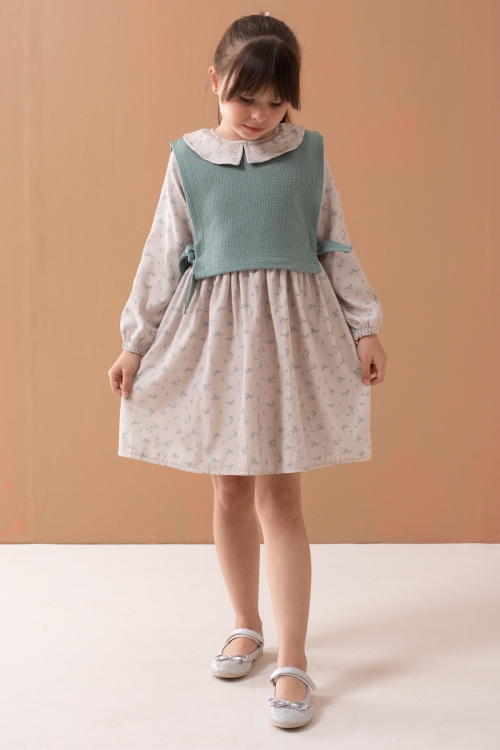 Yeşil Çiçek Desenli Süveterli Uzun Kol Kız Çocuk Elbise 19544