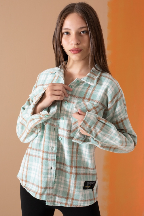 Yeşil Çizgi Desenli Kapaklı Cepli Kız Çocuk Oduncu Gömlek 19686