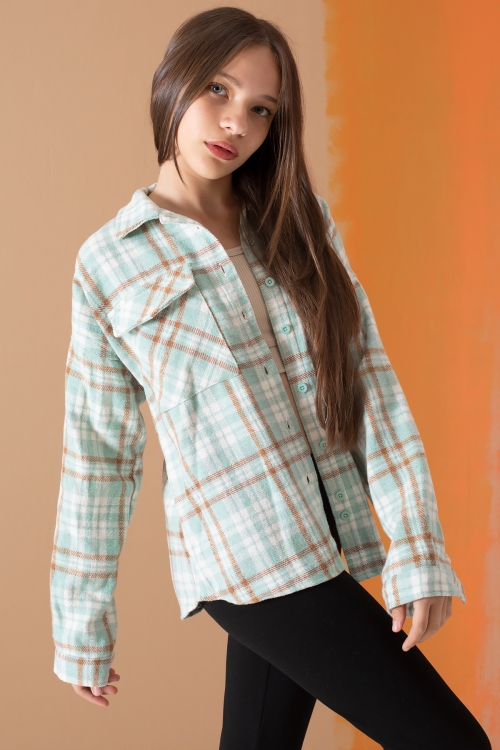 Yeşil Çizgi Desenli Kapaklı Cepli Kız Çocuk Oduncu Gömlek 19686