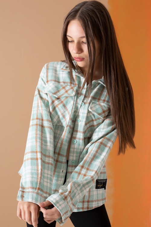 Yeşil Çizgi Desenli Kapaklı Cepli Kız Çocuk Oduncu Gömlek 19686