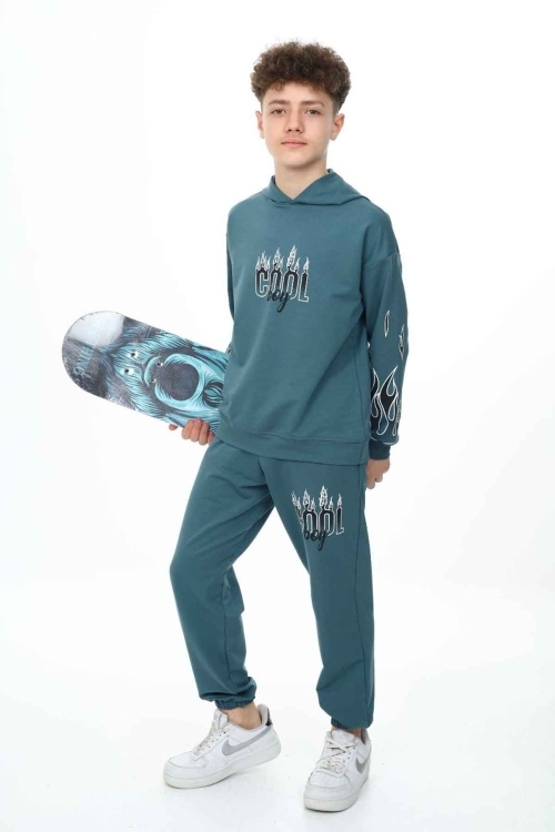 Yeşil Cool Yazılı Erkek Çocuk Kapüşonlu Eşofman Takımı 19584