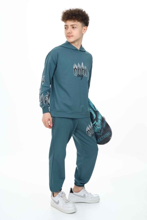 Yeşil Cool Yazılı Erkek Çocuk Kapüşonlu Eşofman Takımı 19584