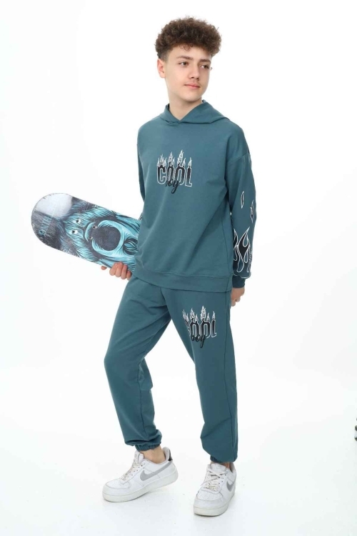 Yeşil Cool Yazılı Erkek Çocuk Kapüşonlu Eşofman Takımı 19584