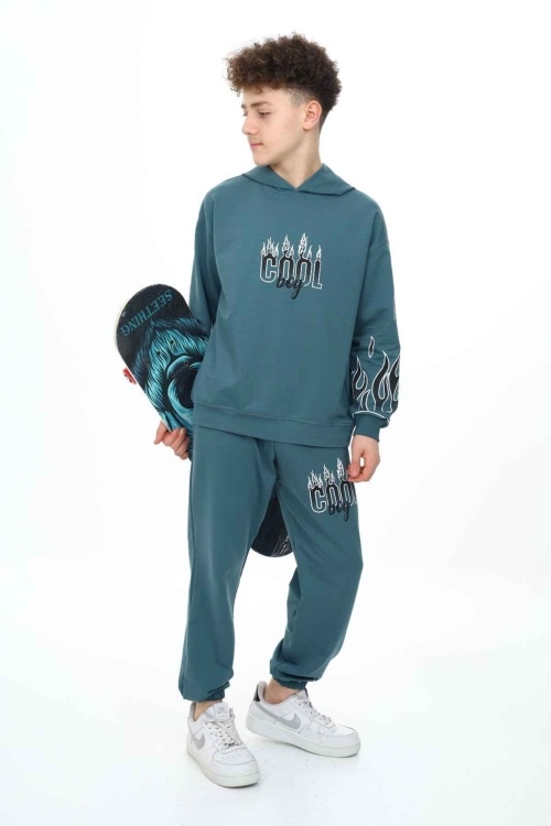 Yeşil Cool Yazılı Erkek Çocuk Kapüşonlu Eşofman Takımı 19584