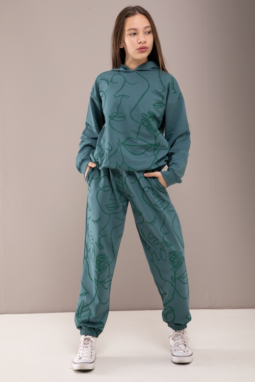 Yeşil Desenli Kapüşonlu Kız Çocuk Alt Üst Eşofman Takımı 19770