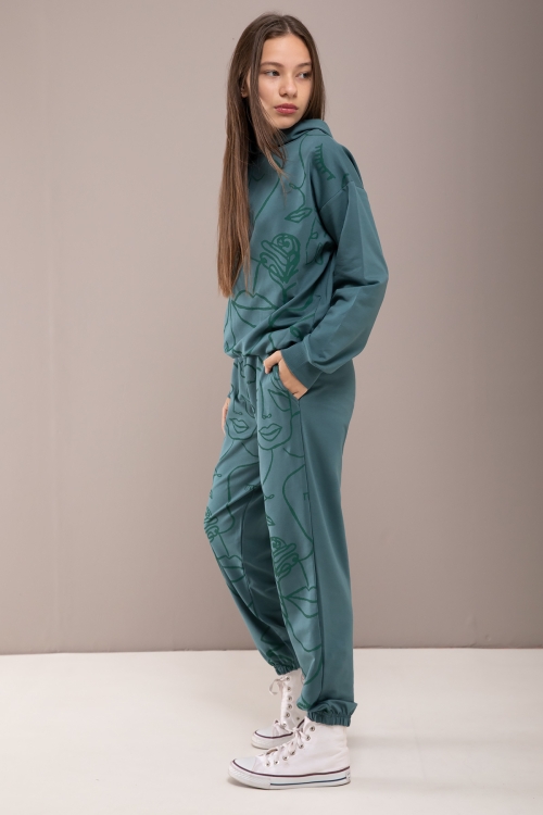 Yeşil Desenli Kapüşonlu Kız Çocuk Alt Üst Eşofman Takımı 19770