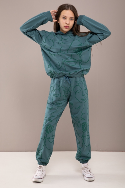 Yeşil Desenli Kapüşonlu Kız Çocuk Alt Üst Eşofman Takımı 19770