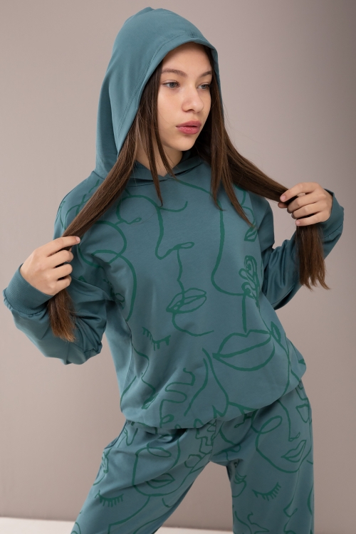 Yeşil Desenli Kapüşonlu Kız Çocuk Alt Üst Eşofman Takımı 19770