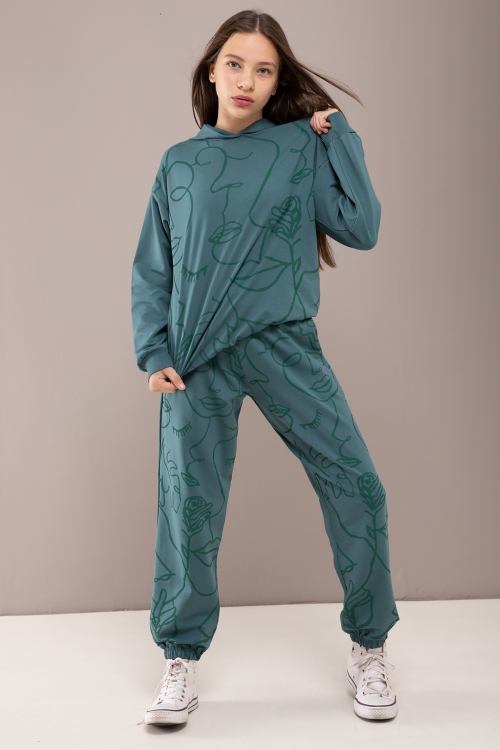 Yeşil Desenli Kapüşonlu Kız Çocuk Alt Üst Eşofman Takımı 19770