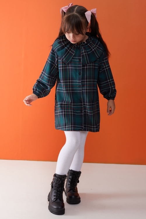 Yeşil Ekose Desenli Uzun Kollu Kız Çocuk Elbise 17938