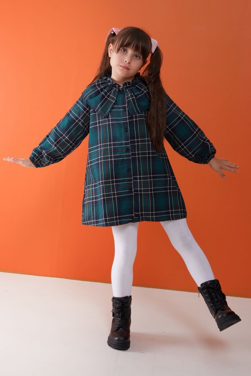 Yeşil Ekose Desenli Uzun Kollu Kız Çocuk Elbise 17938