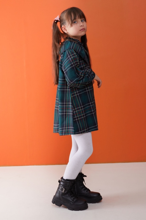 Yeşil Ekose Desenli Uzun Kollu Kız Çocuk Elbise 17938