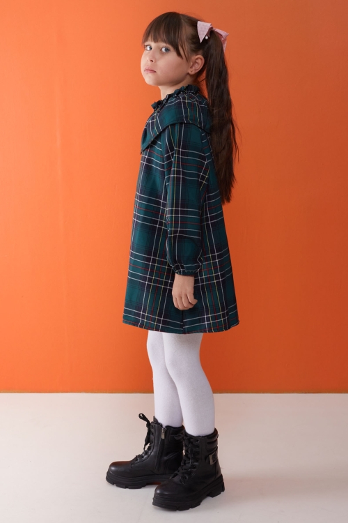 Yeşil Ekose Desenli Uzun Kollu Kız Çocuk Elbise 17938