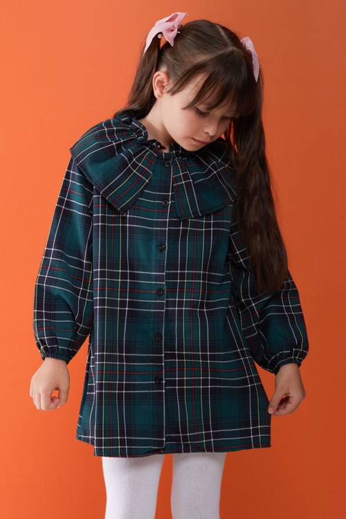 Yeşil Ekose Desenli Uzun Kollu Kız Çocuk Elbise 17938