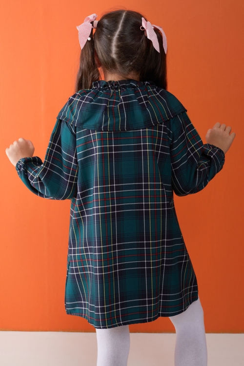 Yeşil Ekose Desenli Uzun Kollu Kız Çocuk Elbise 17938