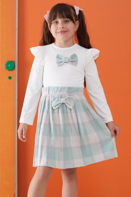 Yeşil Ekose Etekli Fiyonklu Badili Kız Çocuk Elbise Takımı 5-9 Yaş 17739