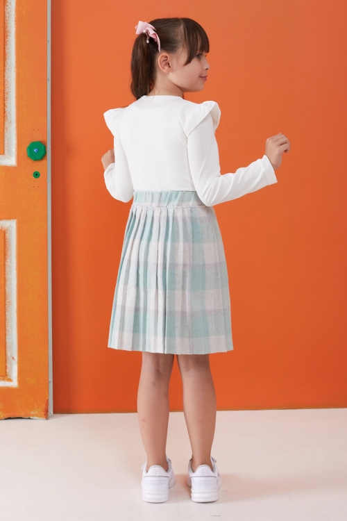 Yeşil Ekose Etekli Fiyonklu Badili Kız Çocuk Elbise Takımı 5-9 Yaş 17739