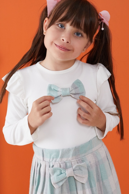 Yeşil Ekose Etekli Fiyonklu Badili Kız Çocuk Elbise Takımı 5-9 Yaş 17739