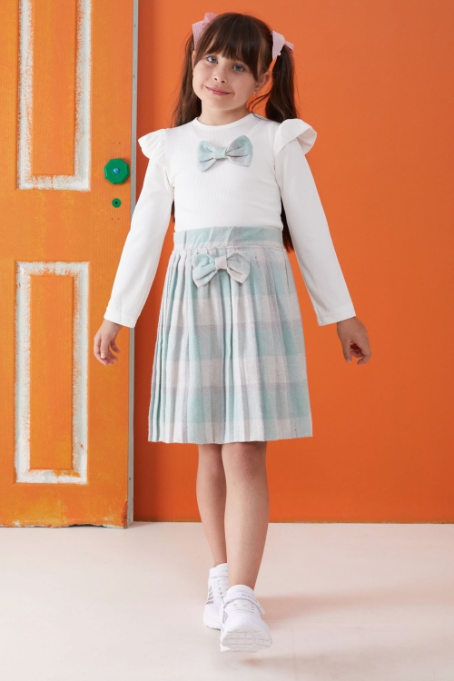 Yeşil Ekose Etekli Fiyonklu Badili Kız Çocuk Elbise Takımı 5-9 Yaş 17739